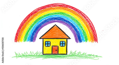 Naive child's drawing of a house beneath rainbow, done with wax crayons in soft colors. Child's drawing displays wobbly, uneven lines with overlapping colors, leaving white gaps and texture.