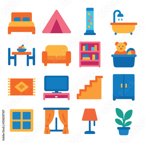 Minimal home icon collection. household, decor, furniture flat style. bed, sofa, shower, lamp, plant