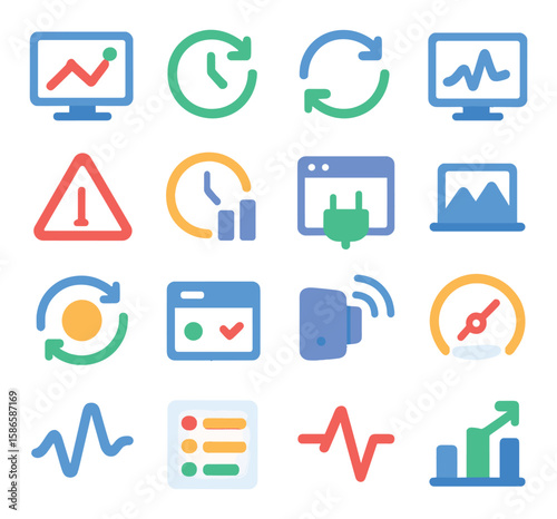 Real-time analytics icon collection. data monitoring, graph, clock, dashboard, alert, chart flat