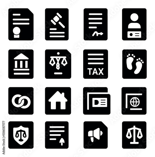 Legal icon collection. law silhouette icons: document, gavel, scale, tax, court, id, house
