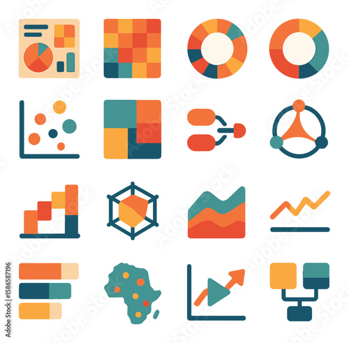 Data visualization icon collection: vibrant simple charts, graphs, diagrams, dashboard