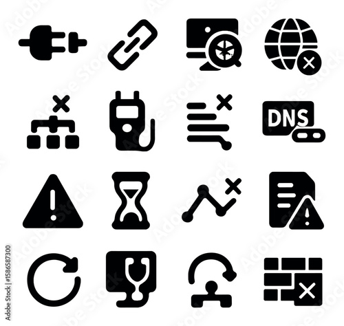 Network diagnostic icon collection. connectivity, error, monitoring silhouette icons. plug, link, computer, globe, dns, warning, update, firewall