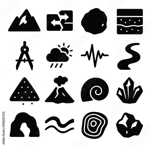 Earth science icon collection. geology, meteorology, seismology flat icons. mountain, compass, volcano, rain, crystal