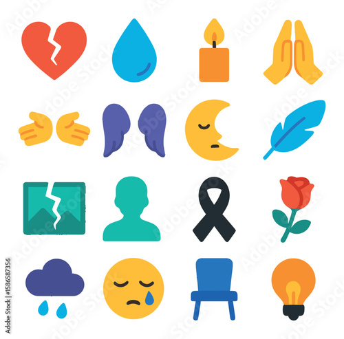 Grief icon collection. simple emotional support symbols: heart, tear, candle, prayer, feather