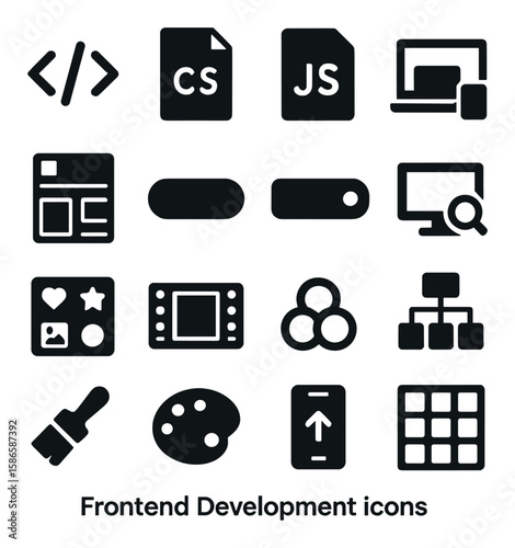 Frontend development icon collection: silhouette icons including code, css, js, computer, ui, search, structure, paint, mobile
