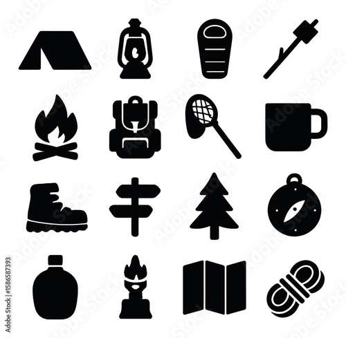 Camping icon collection: outdoor adventure silhouette icons. tent, fire, backpack, boot, compass