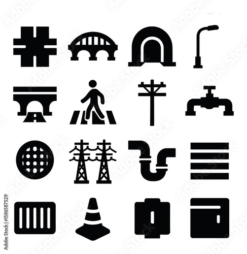 Urban infrastructure icon collection. simple silhouette roads, bridges, tunnels, pipes,