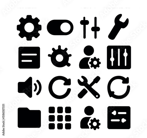 Ui settings icon collection. simple silhouette tools, sliders, user, folder, gear