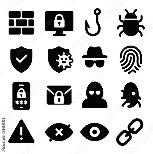 Internet security icon collection. cyber protection silhouette set. firewall, lock, phishing, malware, shield, hacker, fingerprint, warning, eye, chain