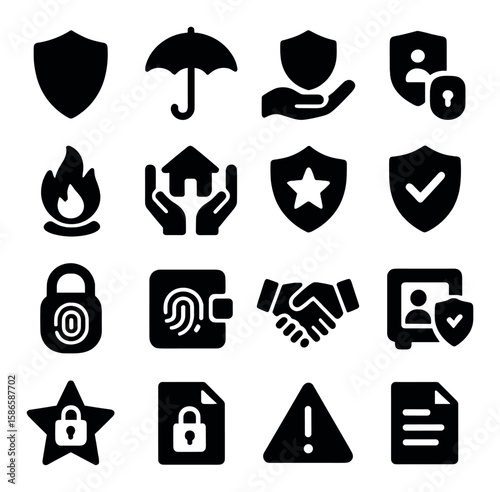 Insurance icon collection. secure protection silhouette icons: shield, umbrella, lock, hand, document