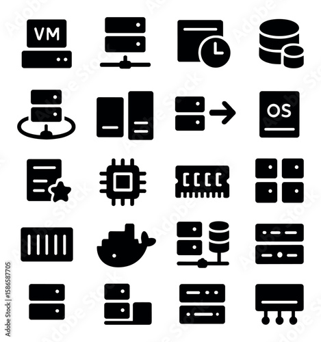 Server virtualization icon collection. data management silhouette icons: server, vm, chip, disk, os, database