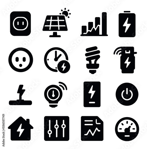 Smart power icon collection. energy management silhouette icons. outlet, solar, battery, efficiency, light, meter, home