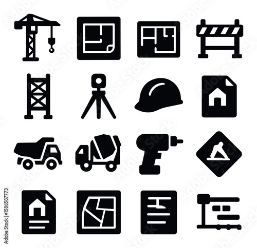 Construction icon collection. silhouette hard hat, crane, blueprint, truck, drill, barricade,