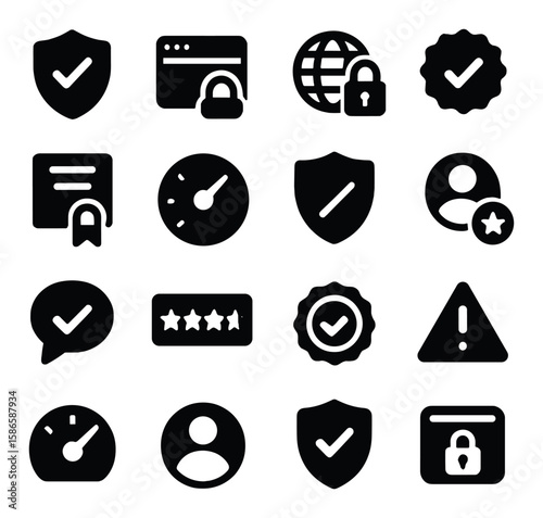 Trust icon collection: security, privacy, badge, shield, globe, lock, alert silhouette