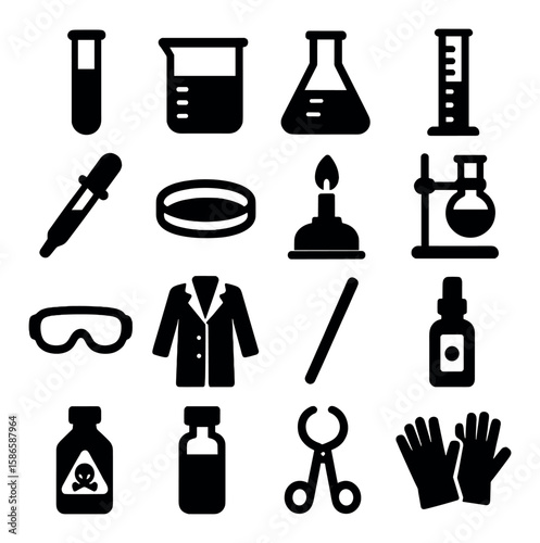 Laboratory equipment icon collection: simple silhouette beaker, flask, test tube, goggles, lab coat