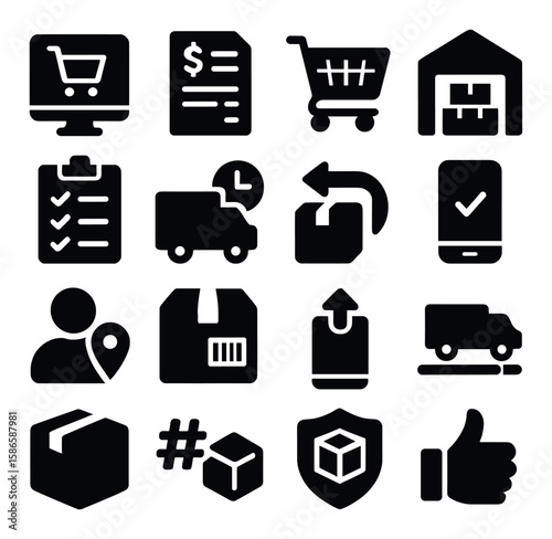E-commerce logistics icon collection. simple silhouette style icons: cart, warehouse, delivery, package
