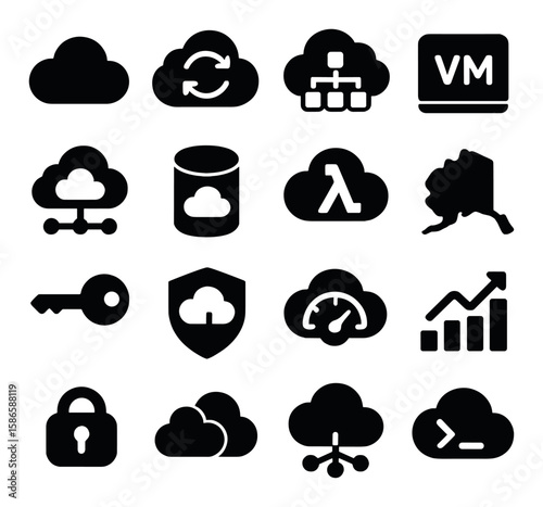 Cloud ecosystem icon collection. simple cloud, server, storage, security, analytics