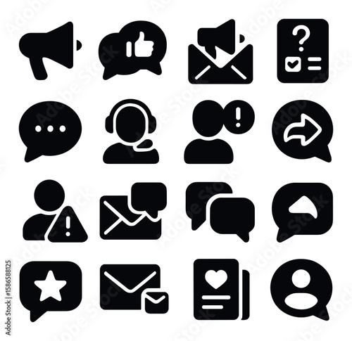 Customer communication icon collection. silhouette icons: message, chat, email, feedback, support, user, notification, speech bubble