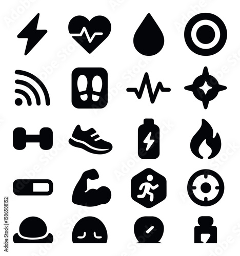 Fitness icon collection: simple silhouette gym icons - dumbbell, running, shoe, heartbeat, muscle