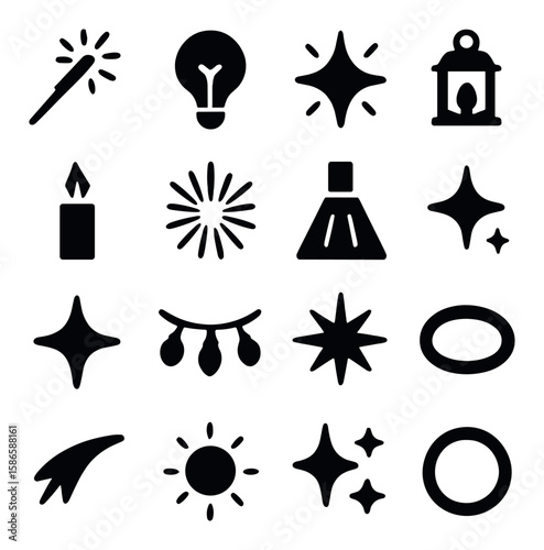 Celebration icon collection. simple silhouette party, light, star, lantern, candle, firework