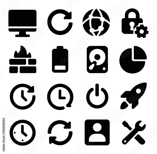 System preferences icon collection. simple silhouette icons: monitor, update, network, lock, firewall, battery, drive, chart, clock, power, rocket, user, tools