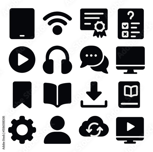 E-learning icon collection. online education silhouette icons: tablet, wifi, certificate, quiz