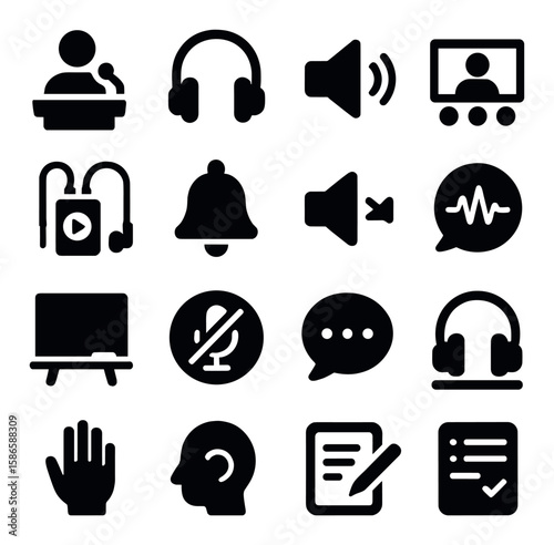 Education audio icon collection: simple flat design. speaker, headphones, bell, mute, chat,