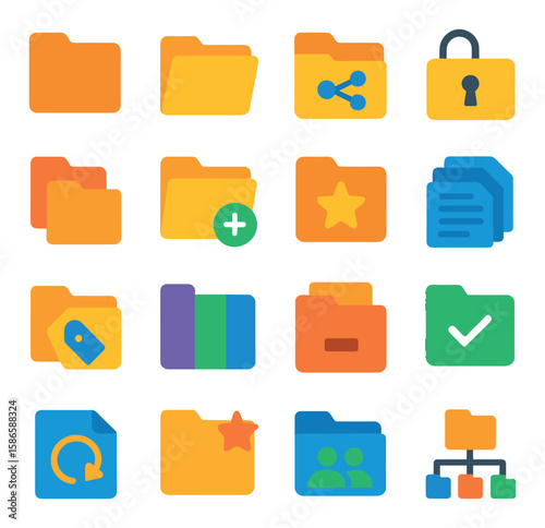 Modern folder icon collection. simple, flat file management: share, lock, star, tags, group, backup