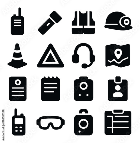 Safety icon collection. simple safety silhouette vest, helmet, goggles, traffic cone, map