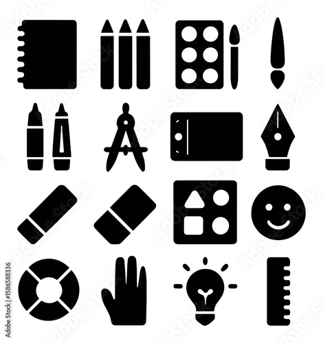Creative tools icon collection. silhouette art essentials: notebook, pen, eraser, brush, ruler