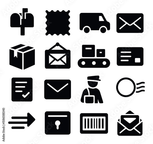 Postal icon collection. mail and delivery silhouette mailbox, parcel, envelope, courier
