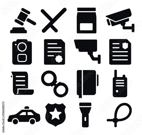 Law enforcement icon collection. police, surveillance, court, handcuffs, badge silhouette