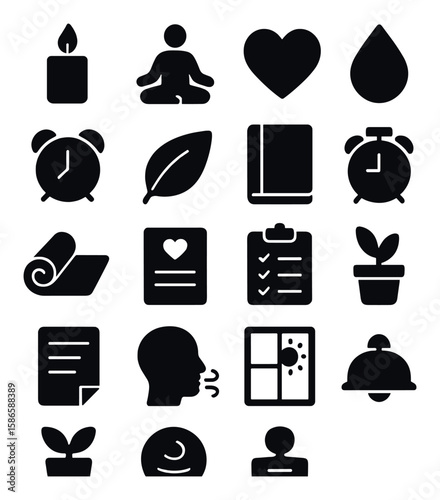 Mindfulness icon collection. simple wellness silhouette icons: meditation, heart, leaf, clock, plant
