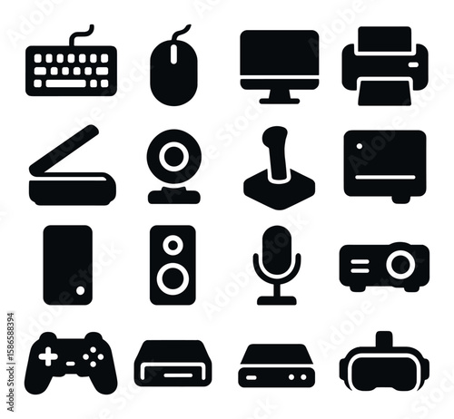 Peripheral icon collection: silhouette computer, printer, mouse, keyboard, webcam, microphone