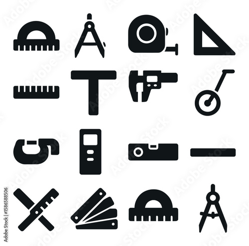 Measuring tools icon collection. simple linear tape, caliper, ruler, meter, compass