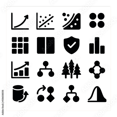 Predictive modeling icon collection. data analysis silhouette icons. graph, scatter, shield, tree, histogram, diagram