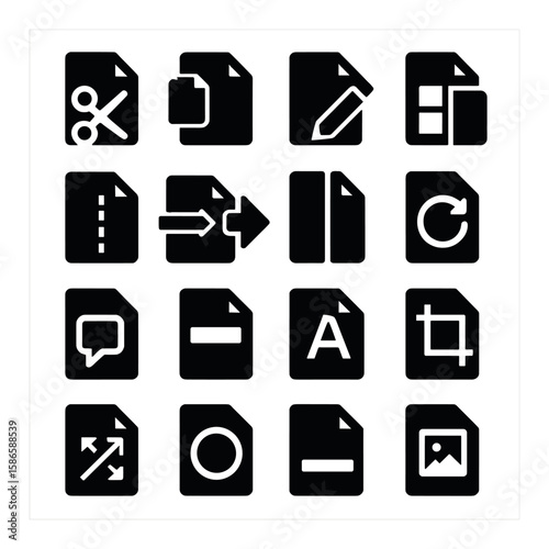 File tools icon collection. simple compose silhouette icons: cut, copy, paste, text, crop