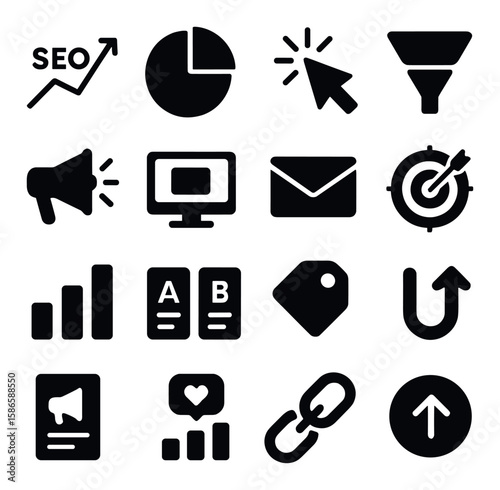 Digital marketing icon collection. simple silhouette icons: seo, email, funnel, chart, tag