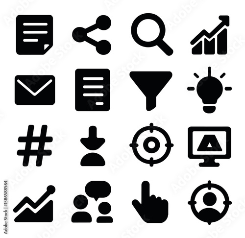 Marketing icon collection. simple silhouette set. analytics, email, target, lightbulb, chart, social media