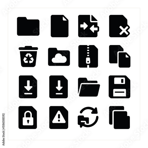 File management icon collection. black file silhouettes: folder, document, trash, lock