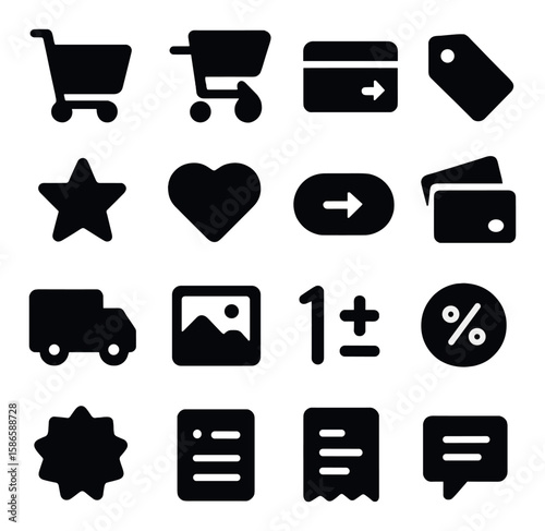 E-commerce icon collection. online shopping, cart, card, tag, heart, discount silhouette