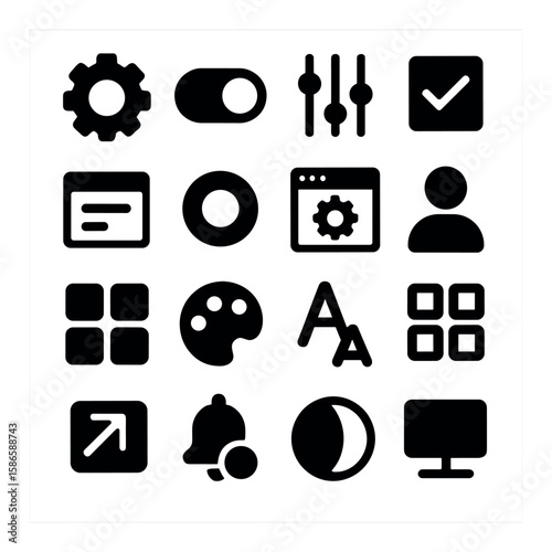 Ui icon collection. dashboard interface silhouette set. gear, toggle, sliders, grid, bell, monitor