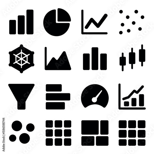 Data visualization icon collection. simple silhouette charts, graphs, gauge, dashboard