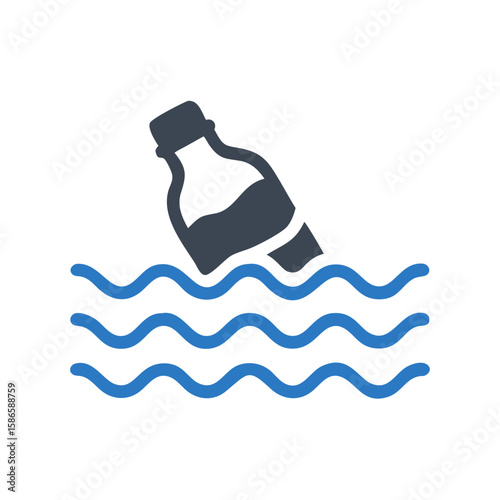 Plastic bottle floating in water with waves in blue and white design  