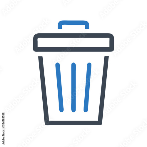 Trash bin icon in flat design with blue and grey colors  