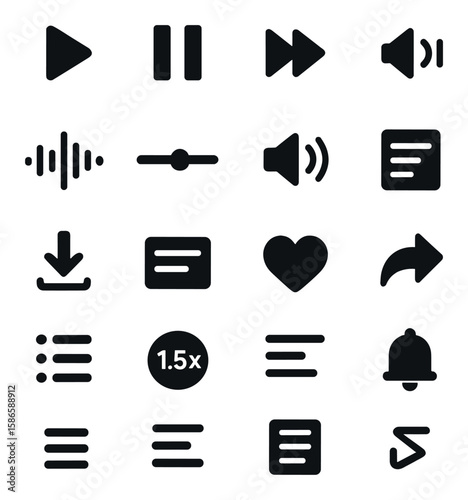 Podcast icon collection. simple compose silhouette set. play, pause, volume, download, heart