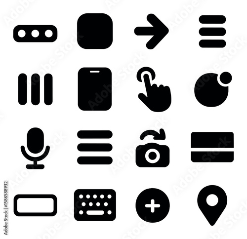 Minimalist app icon collection. simple silhouette set. button, microphone, camera, map, menu, keyboard, gesture