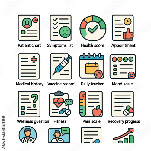 Health survey icon collection. colorful simple icons: chart, symptoms, vaccine, fitness, tracker
