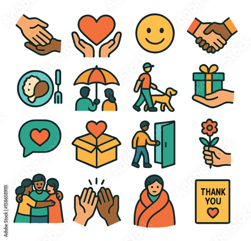 Acts of kindness icon collection. simple giving, love, care, support, volunteer, gratitude