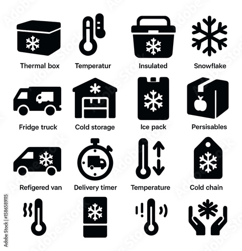 Cold chain icon collection. simple silhouette icons: thermal box, snowflake, ice pack, temperature, fridge truck, cold storage, delivery, insulated items